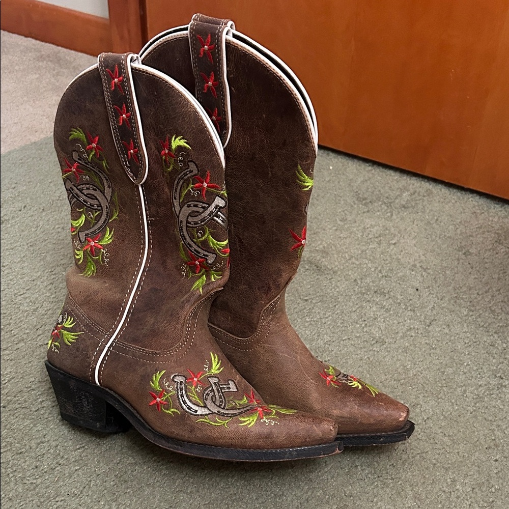 Embroidered Brown Heeled Boots